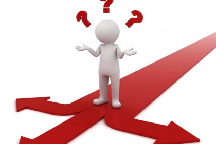 Shrugging figure with question marks over head looking at three different possible paths to take.