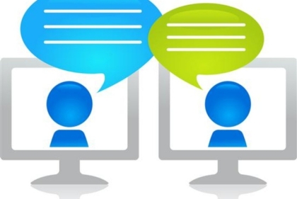 Two monitors with talking heads conversing with each other.