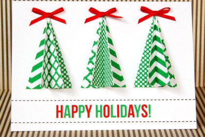 Card with three Christmas trees saying "Happy Holidays"