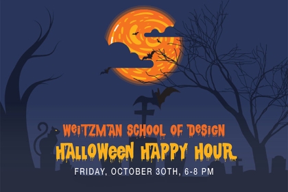 spooky halloween clip art flyer showing a silhouetted graveyard and orang moon announcing the costume contest and happy hour