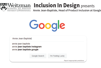 Sign for "Inclusion in design presents, Annie Jean-Baptiste"