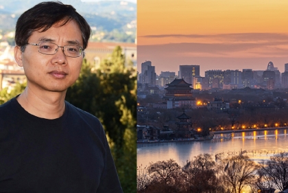 Split image. Left: Zhongjie Lin. Right: City skyline in China