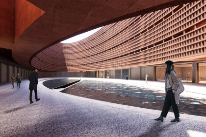 People walk around elliptical courtyard with sunlit pond