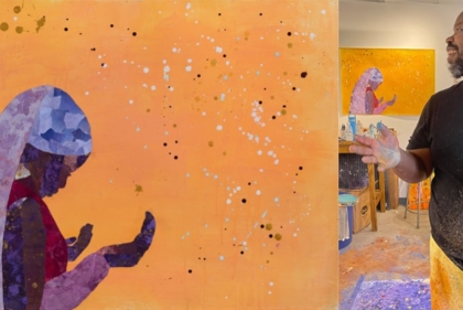 Gold painting with female figure; photo of Ashon Crawley in his studio