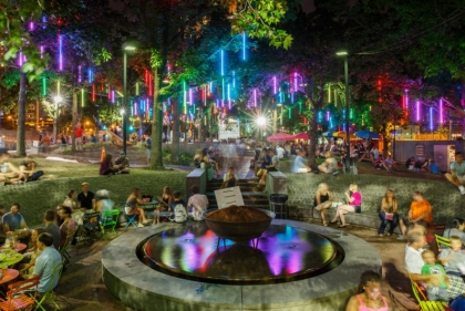 Spruce street harbor park lit up at night