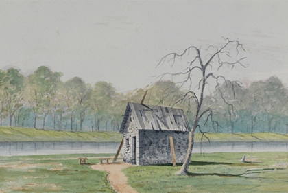 Watercolor showing a rundown house next to a river