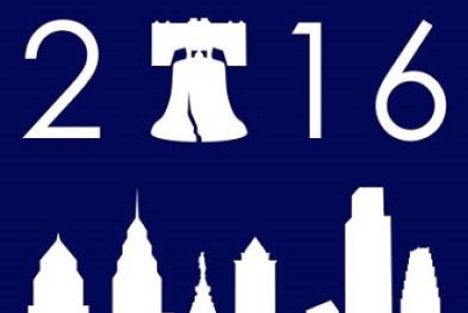 Philadelphia Skyline silhouette with '2016' printed over it ('0' is the liberty bell)
