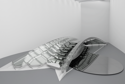 Digital rendering of glass bridge in white gallery