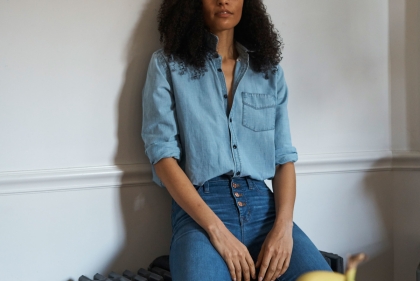 Casual image of Jessica Vaughn leaning up against a wall