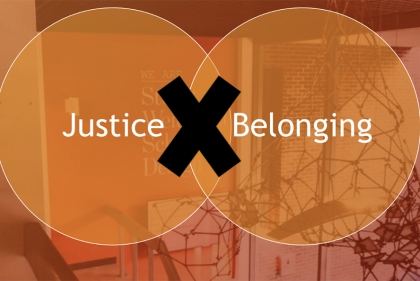 Graphic w two circles and the words Justice and Belonging separated by a large X