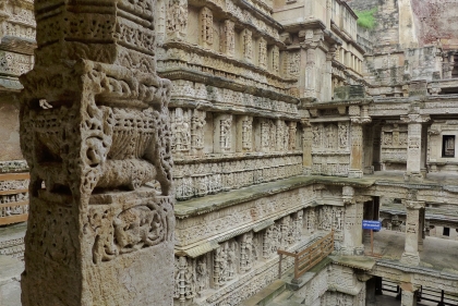 Indian stepwell with levels of sculptural panels
