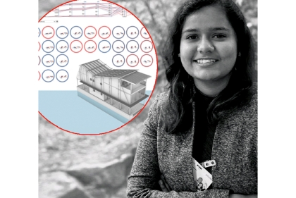 A portrait of student Mrinalini Verma with an overlay of diagrams of a floating lab structure