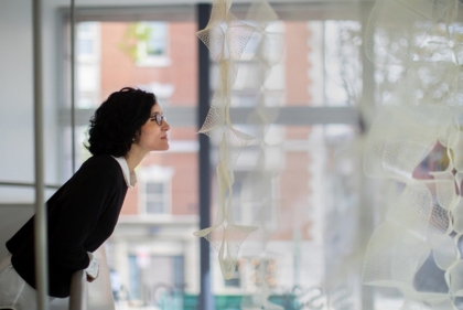 Laia Mogas-Soldevila with the lattice installation made from architectural biomaterials