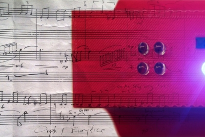Graphic featuring sheet music and a projector