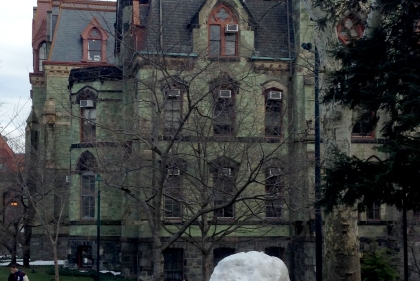 Snow sculpture in front of campus building