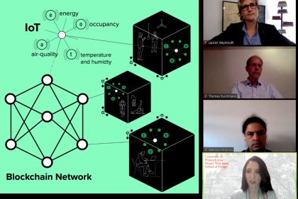 A capture of lecture on zoom showing Dorit Aviv and Panelis and a slide in green colors showing a diagram of the blockchain/IoT