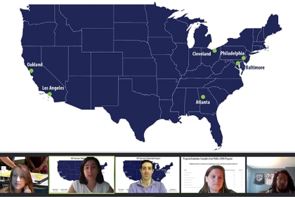 Map of the United States marking six cities with composite of five Zoom meeting panelists