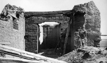 black and white photo of earthen architecture archaeological site