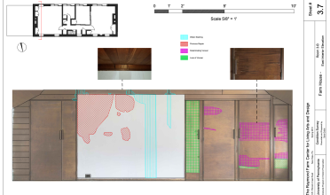 Diagram of interior wall showing water damage, delaminating veneer, previous repair, and lost veneer