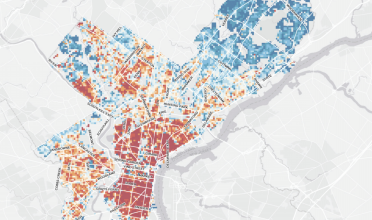 Map of Philadelphia where Center City showing concentrations of red high "Character score" areas