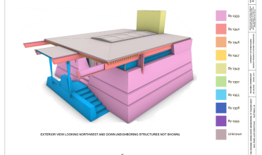 Color-coded rendering of Original Dining Room showing age of each architectural element