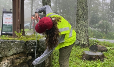 Jane Nasta measures a retaining wall at Lewis Mountain Campground.