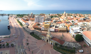 Aerial view of a city on the waterfront 