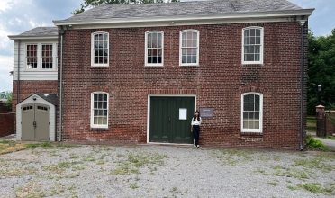 The entrance and east facade of the visitor center of the 1719 William Trent House Museum.