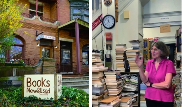 side-by-side of bookstore on left and woman speaking among piled books on right