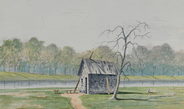 Watercolor showing a rundown house next to a river