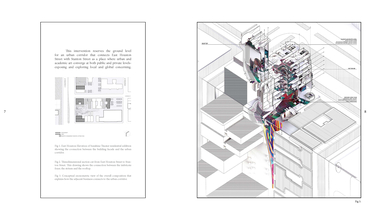 Conceptual axonometric view of apartment building that shows the imbricate foyer, the atrium and rooftop