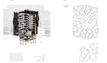 Cutaway and floor plans for apartment complex with large skateboard park in basement