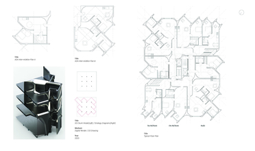 Floor plans for a number of spaces where windows and doors are at a diagonal to the square walls