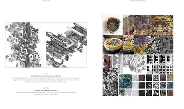 Left: cubic fractal centers around a central column. Right: Fractal patterns made to resemble organic textures