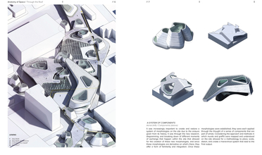 Overhead view of multiple structures with oblique angles and curved corners