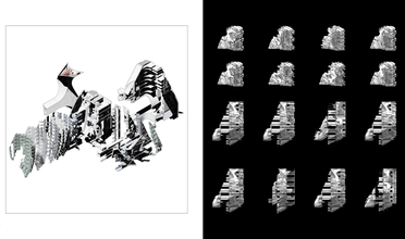 Abstract honeycomb like cutaways of large structure