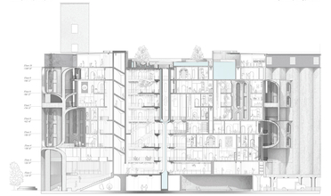 Cutaway drawing of apartment complex/marketplace with many green spaces and balconies