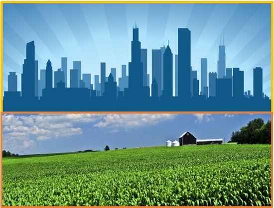 Split Screen image. city skyline and farm