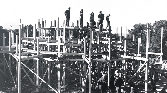 Construction site of the "Grail Chapel" at the Lindisfarne Association in Crestone, Colorado, c. 1981.  Source: William Irwin Thompson Papers, #3793, Box 20. Division of Rare and Manuscript Collections, Cornell University Library