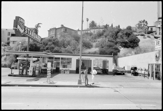 Black and white photo of Standard gas station