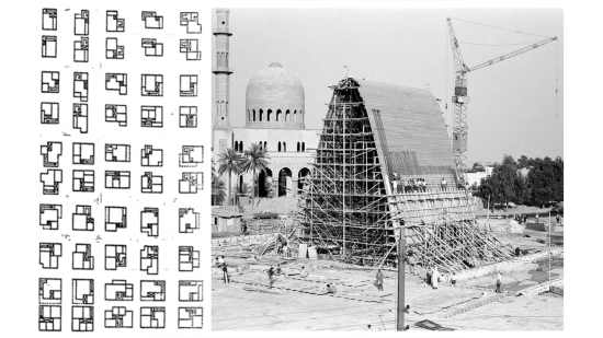 Left: Space Planning Study, in Sayed Karim, ‘Ishtirākiyyat al-villa [The Socialization of the Villa], 29.  Right: The construction of the Monument for the Unknown Soldier, architect: Rifat Chadirji, Baghdad 1959. 