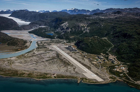 Aerial view of Narsarsuaq, Greenland, showing the airstrip, the treeless landscape, and the beginning of the ice cap.
