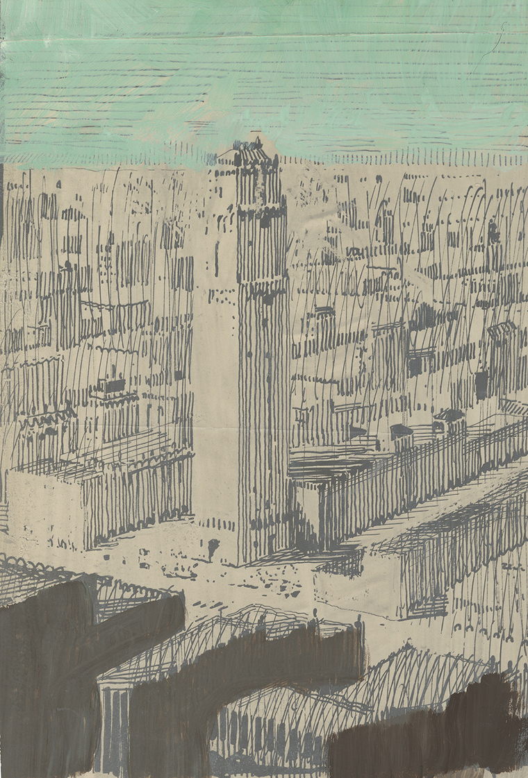 Pastel sketch of skyscraper by Raymond Hood