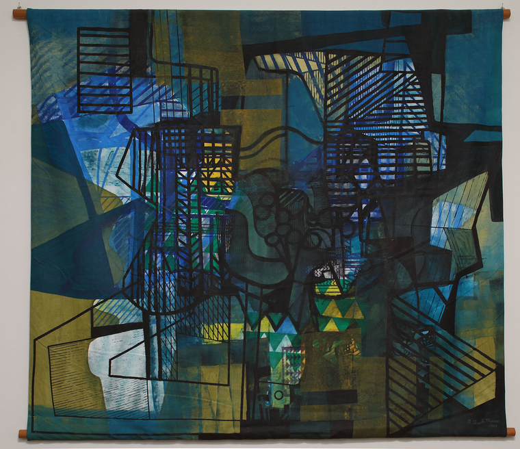 Abstract painting featuring boxes containing rows of lines and blue and green background