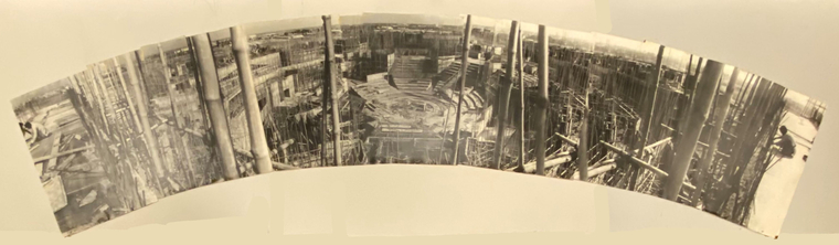 Photocollage of a panoramic view of Bangladeshi workers pouring concrete into bamboo molds