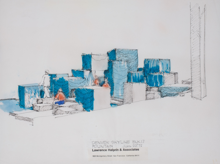 Color sketch of fountain with figure on it
