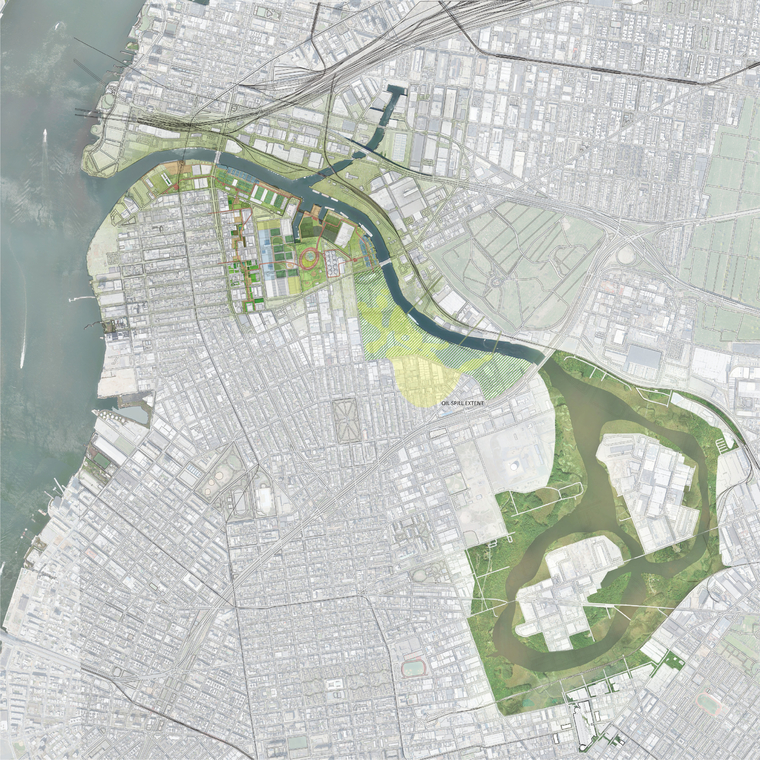 Illustrative plan showing remediation interventions along entire length of the Newtown Creek.