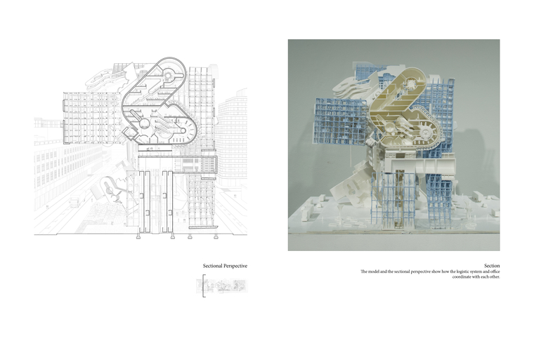 The one point perspective drawing and model show the spatial experience within the project.