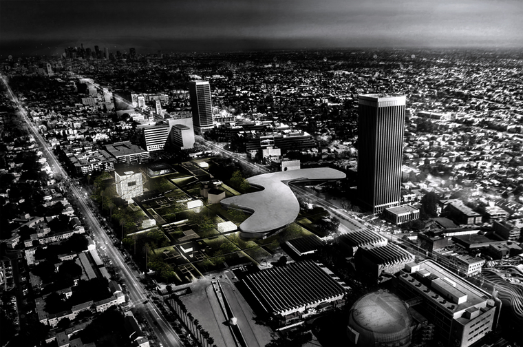 Aerial render of the campus network, generating a connective tissue for the neighborhood, an urban locator within LA.