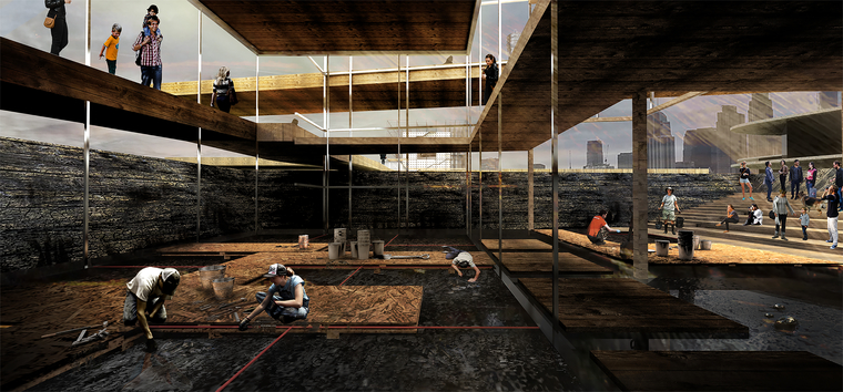 Render of an active excavation, with spectators lining elevated viewing paths + sitting at level with the fossils + researchers.